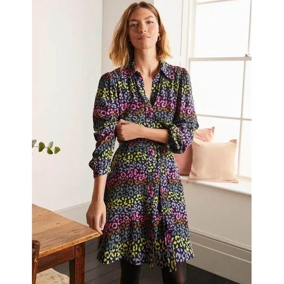 NWT Boden Charlotte‎ Shirt Dress Size 8P Leopard Print Tie Waist Colorful Preppy - Picture 1 of 12
